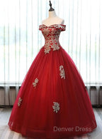 Beautiful Red Off Shoulder Long Sweet 16 Dress With Gold Lace Top, Prom Dresses
