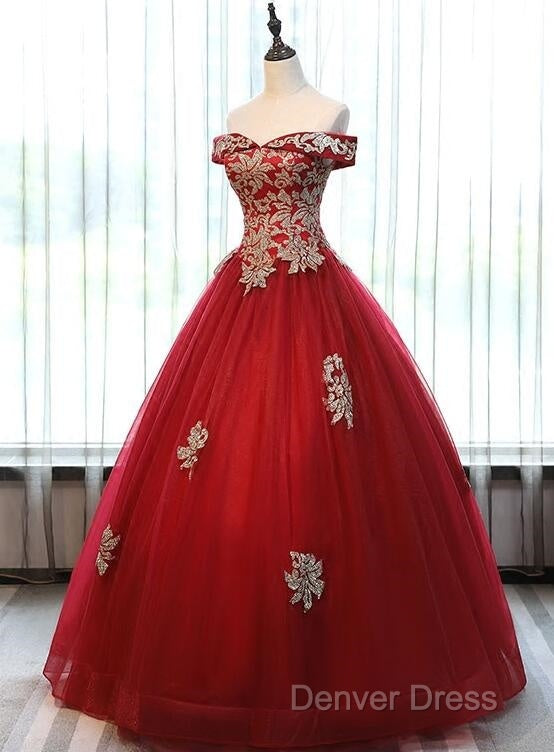Beautiful Red Off Shoulder Long Sweet 16 Dress With Gold Lace Top, Prom Dresses