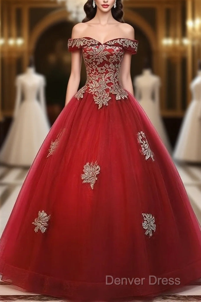 Beautiful Red Off Shoulder Long Sweet 16 Dress With Gold Lace Top, Prom Dresses Main image