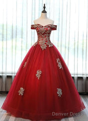 Beautiful Red Off Shoulder Long Sweet 16 Dress With Gold Lace Top, Party Dresses
