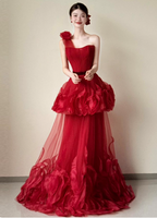 Beautiful Red One-Shoulder Strapless 3D Floral Layered Tiered Tulle Long Prom Dresses Evening Dresses