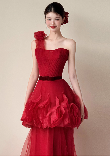 Beautiful Red One-Shoulder Strapless 3D Floral Layered Tiered Tulle Long Prom Dresses Evening Dresses