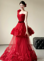 Beautiful Red One-Shoulder Strapless 3D Floral Layered Tiered Tulle Long Prom Dresses Evening Dresses