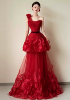 Beautiful Red One-Shoulder Strapless 3D Floral Layered Tiered Tulle Long Prom Dresses Evening Dresses