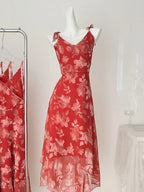 Beautiful Red Printed A-Line V-Neck Bow-Strap Chiffon Long Prom Dresses
