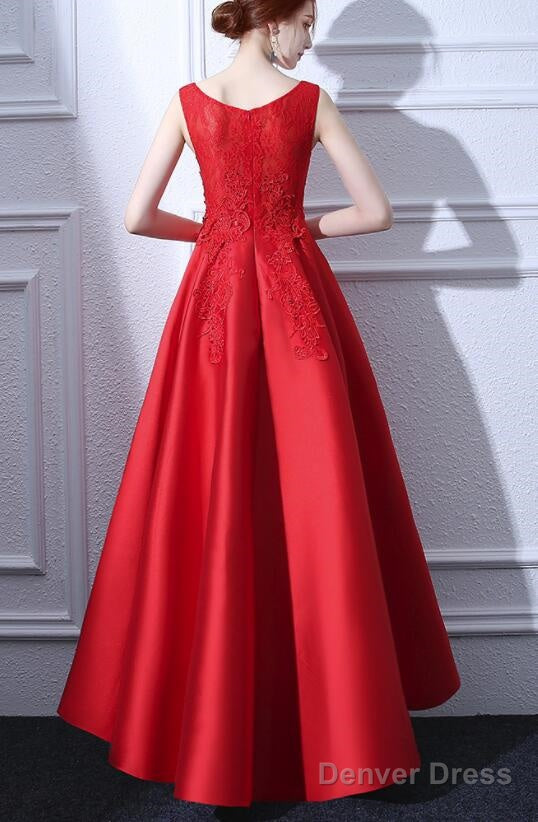 Beautiful Red Satin And Lace High Low Round Neckline Prom Dress, Red Prom Dress, Red Homecoming Dresses