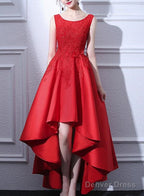 Beautiful Red Satin And Lace High Low Round Neckline Prom Dress, Red Prom Dress, Red Homecoming Dresses