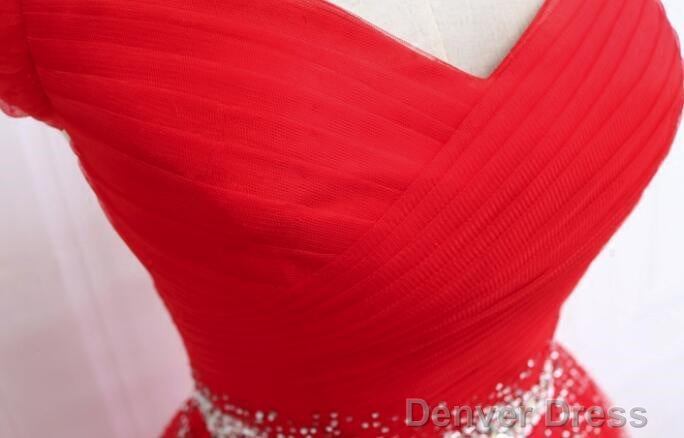Beautiful Red Tulle Off Shoulder Long Prom Gowns , Red Sweet 16 Dresses Secondary image