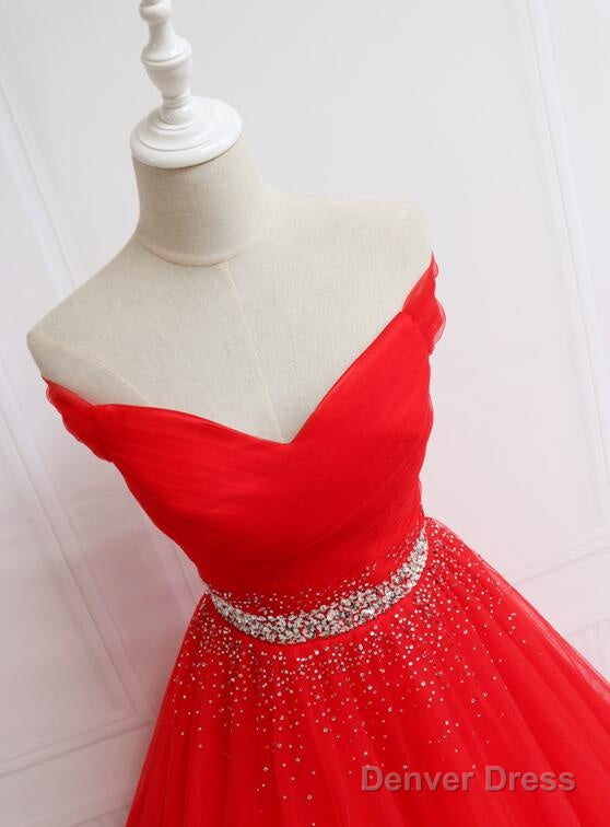Beautiful Red Tulle Off Shoulder Long Prom Gowns , Red Sweet 16 Dresses