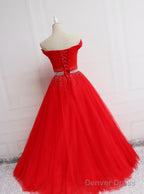 Beautiful Red Tulle Off Shoulder Long Prom Gowns , Red Sweet 16 Dresses