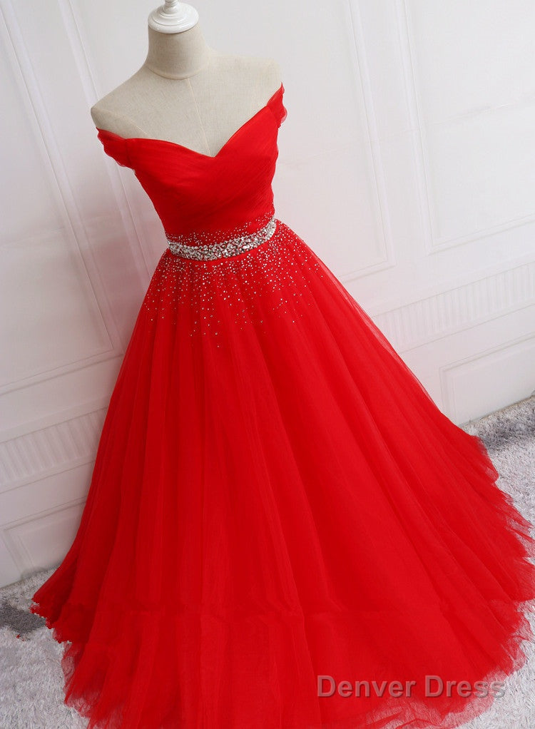 Beautiful Red Tulle Off Shoulder Long Prom Gowns , Red Sweet 16 Dresses Main image
