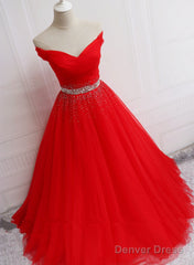 Beautiful Red Tulle Off Shoulder Long Formal Gown , Red Sweet 16 Dresses