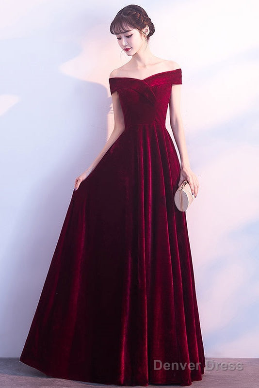 Beautiful Red Velvet Prom Dress , Long Off Shoulder Bridesmaid Dresses