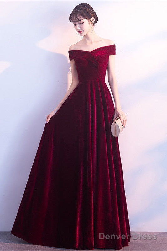 Beautiful Red Velvet Prom Dress , Long Off Shoulder Bridesmaid Dresses