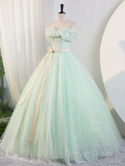 Beautiful Sage Green Tulle Floor Length Prom Dresses, A-Line Off The Shoulder Evening Part Dresses