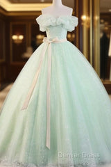 Beautiful Sage Green Tulle Floor Length Prom Dresses, A-Line Off The Shoulder Evening Part Dresses