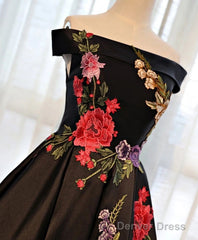 Beautiful Satin Black Tea Length Party Dress, Floral Black Formal Dress