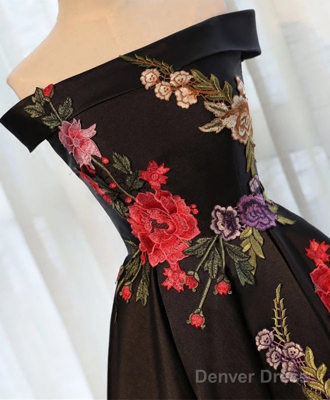 Beautiful Satin Black Tea Length Prom Dress, Floral Black Prom Dresses