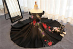 Beautiful Satin Black Tea Length Prom Dress, Floral Black Prom Dresses
