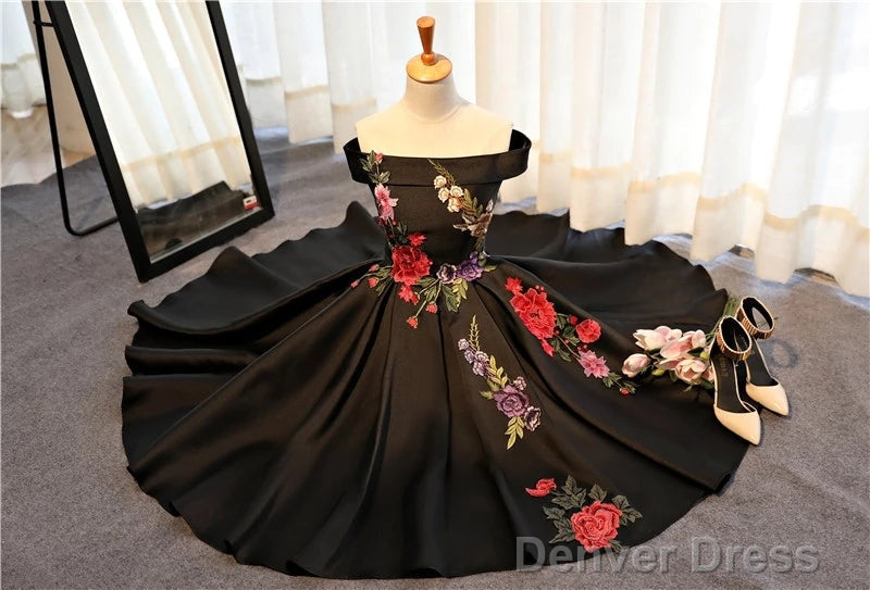 Beautiful Satin Black Tea Length Prom Dress, Floral Black Prom Dresses