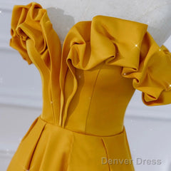 Beautiful Satin Dark Yellow Off Shoulder Party Dress, A-Line Satin Prom Dress