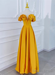 Beautiful Satin Dark Yellow Off Shoulder Party Dress, A-Line Satin Prom Dress