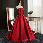 Beautiful Satin Scoop Floor Length Ball Prom Dresses , Dark Red Sweet 16 Gown