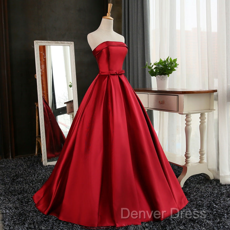 Beautiful Satin Scoop Floor Length Ball Prom Dresses , Dark Red Sweet 16 Gown