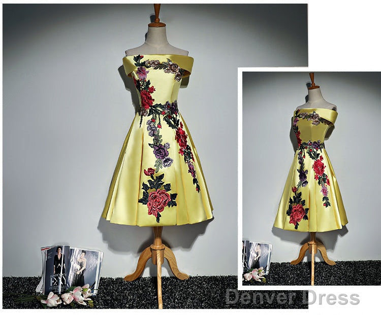 Beautiful Satin Short Flower Off Shoulder Bridesmaid Dress, Cute Homecoming Dresses