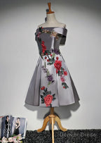 Beautiful Satin Short Flower Off Shoulder Bridesmaid Dress, Cute Homecoming Dresses