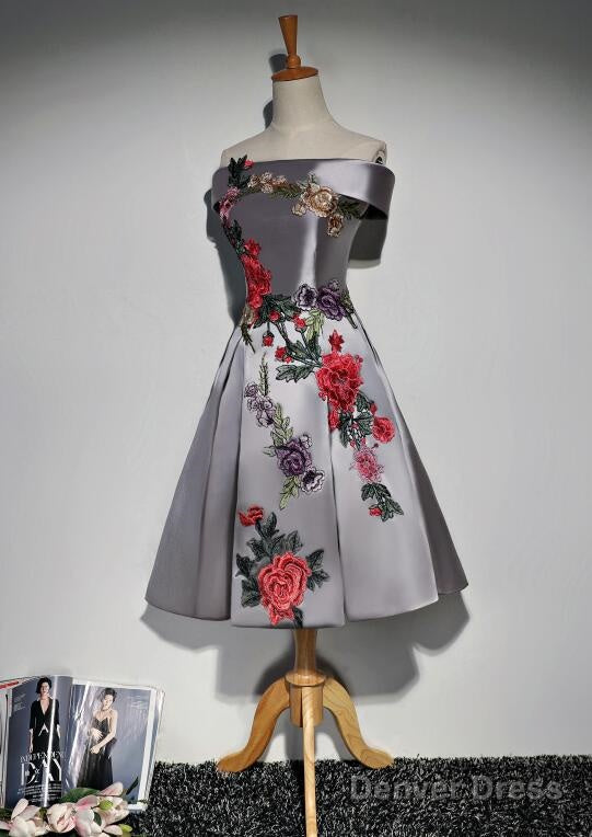 Beautiful Satin Short Flower Off Shoulder Bridesmaid Dress, Cute Homecoming Dresses