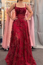 Beautiful Satin Spaghetti Straps Lace Appliques Prom Dress