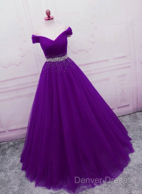 Beautiful Sequins Sweetheart Long Prom Dresses, Purple Tulle Prom Gowns