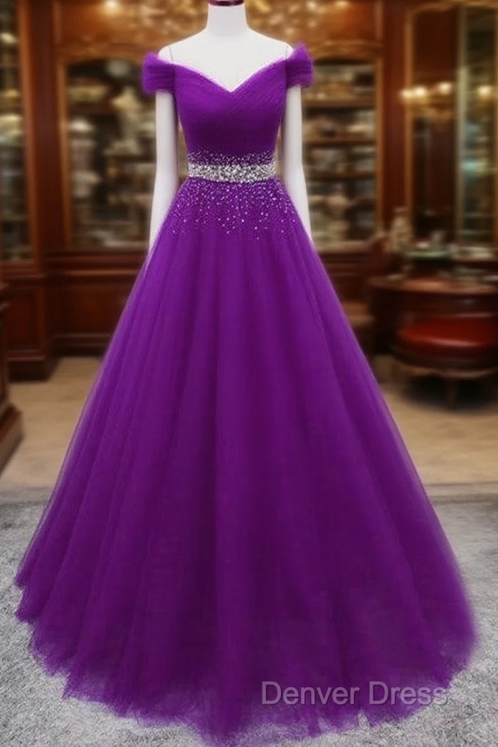 Beautiful Sequins Sweetheart Long Prom Dresses, Purple Tulle Prom Gowns