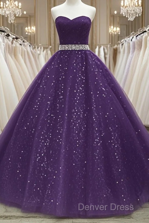 Beautiful Shiny Purple Tulle Beaded Ball Gonw Party Dresses, Purple Prom Dresses Main image
