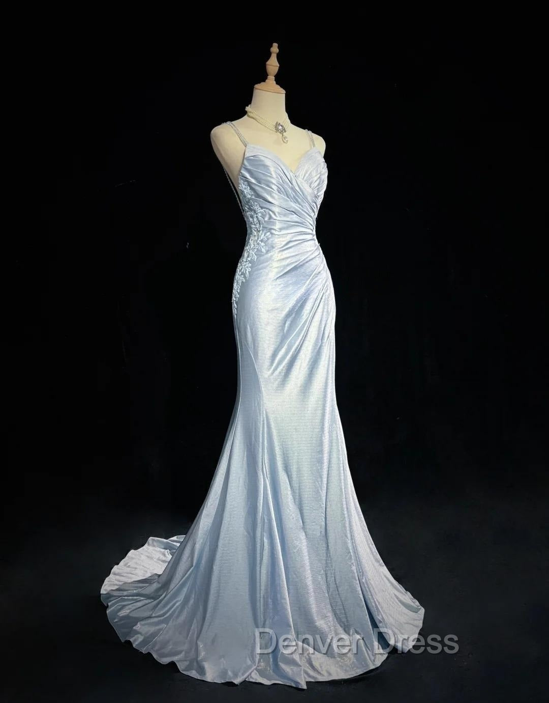 Beautiful Spaghetti Strap Mermaid Glitter Satin Long Prom Backless Applique Evening Gown Simple Wedding Dresses