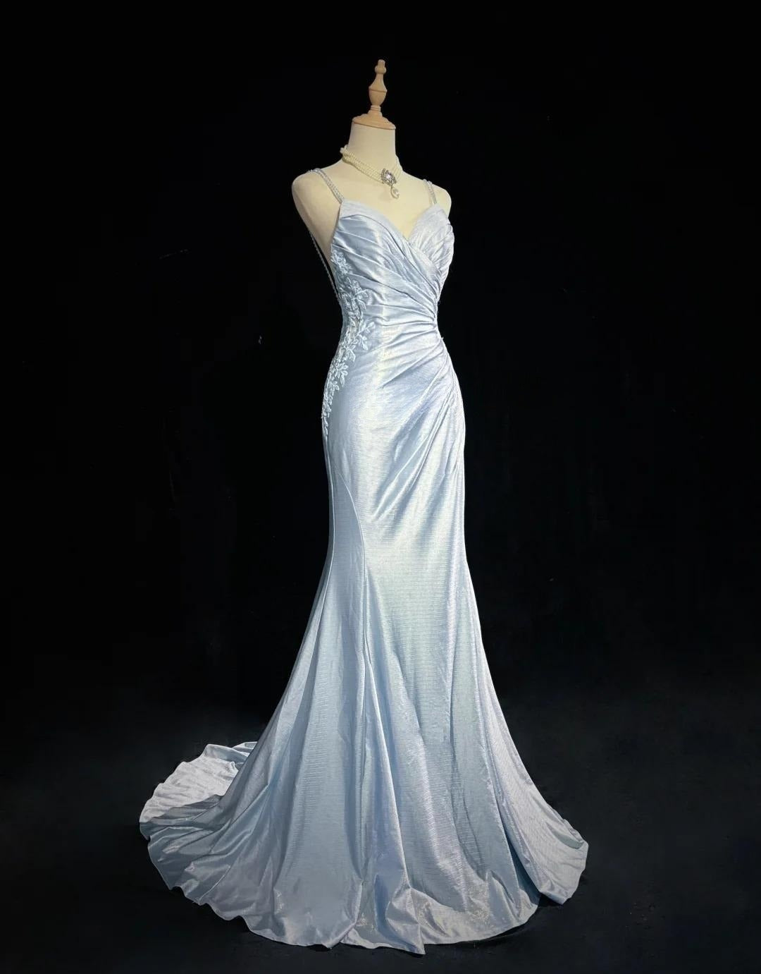 Beautiful Spaghetti Strap Mermaid Glitter Satin Long Prom Backless Applique Prom Gowns Simple Wedding Dresses