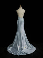 Beautiful Spaghetti Strap Mermaid Glitter Satin Long Prom Backless Applique Prom Gowns Simple Wedding Dresses