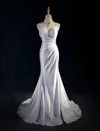 Beautiful Spaghetti Strap Mermaid Glitter Satin Long Prom Backless Applique Prom Gowns Simple Wedding Dresses