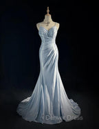 Beautiful Spaghetti Strap Mermaid Glitter Satin Long Prom Backless Applique Prom Gowns Simple Wedding Dresses