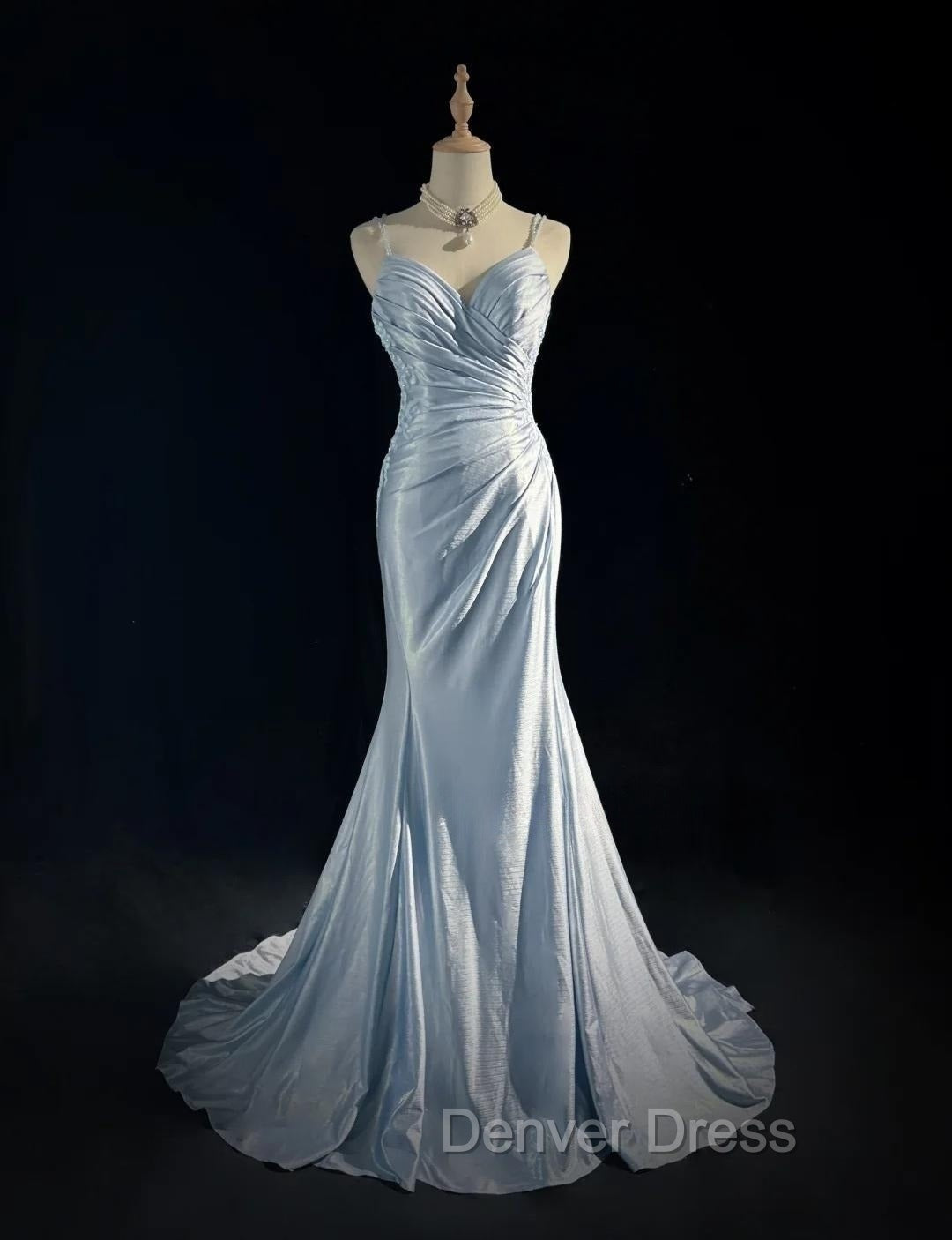 Beautiful Spaghetti Strap Mermaid Glitter Satin Long Prom Backless Applique Prom Gowns Simple Wedding Dresses