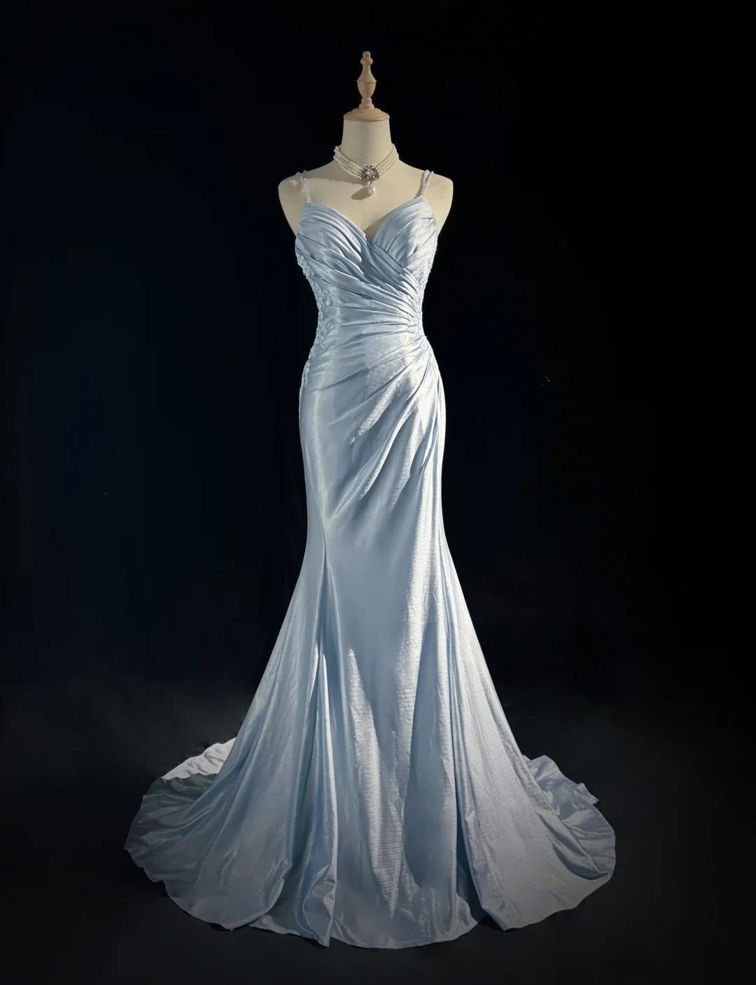 Beautiful Spaghetti Strap Mermaid Glitter Satin Long Prom Backless Applique Prom Gowns Simple Wedding Dresses Main image