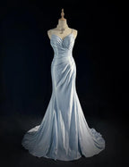 Beautiful Spaghetti Strap Mermaid Glitter Satin Long Prom Backless Applique Prom Gowns Simple Wedding Dresses