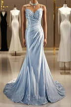 Beautiful Spaghetti Strap Mermaid Glitter Satin Long Prom Backless Applique Evening Gown Simple Wedding Dresses