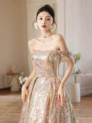 Beautiful Sparkly Sequins Long Prom Dress, Champagne Off Shoulder Evening Dress