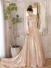 Beautiful Sparkly Sequins Long Prom Dress, Champagne Off Shoulder Evening Dress