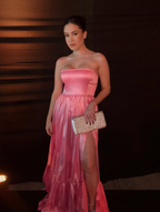 Classic Pink A-Line Strapless Side Slit Long Prom Dresses