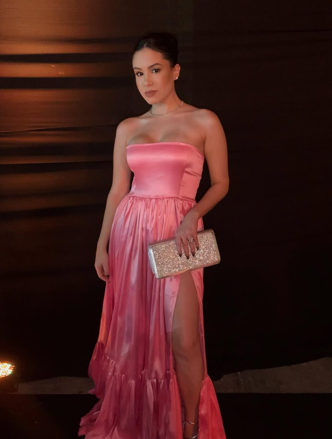 Classic Pink A-Line Strapless Side Slit Long Prom Dresses