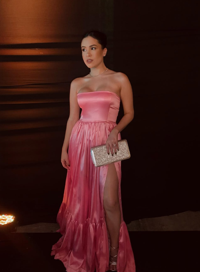 Classic Pink A-Line Strapless Side Slit Long Prom Dresses