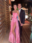 Classic Pink A-Line Strapless Side Slit Long Prom Dresses